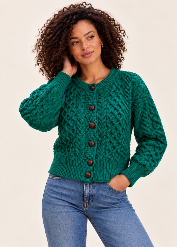 Ladies Merino Cropped Classic Aran Cardigan | Green