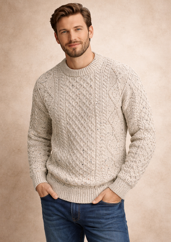 Unisex Traditional Aran Crew Neck Sweater | Oatmeal | Pure Wool