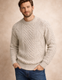 Unisex Traditional Aran Crew Neck Sweater | Oatmeal | Pure Wool