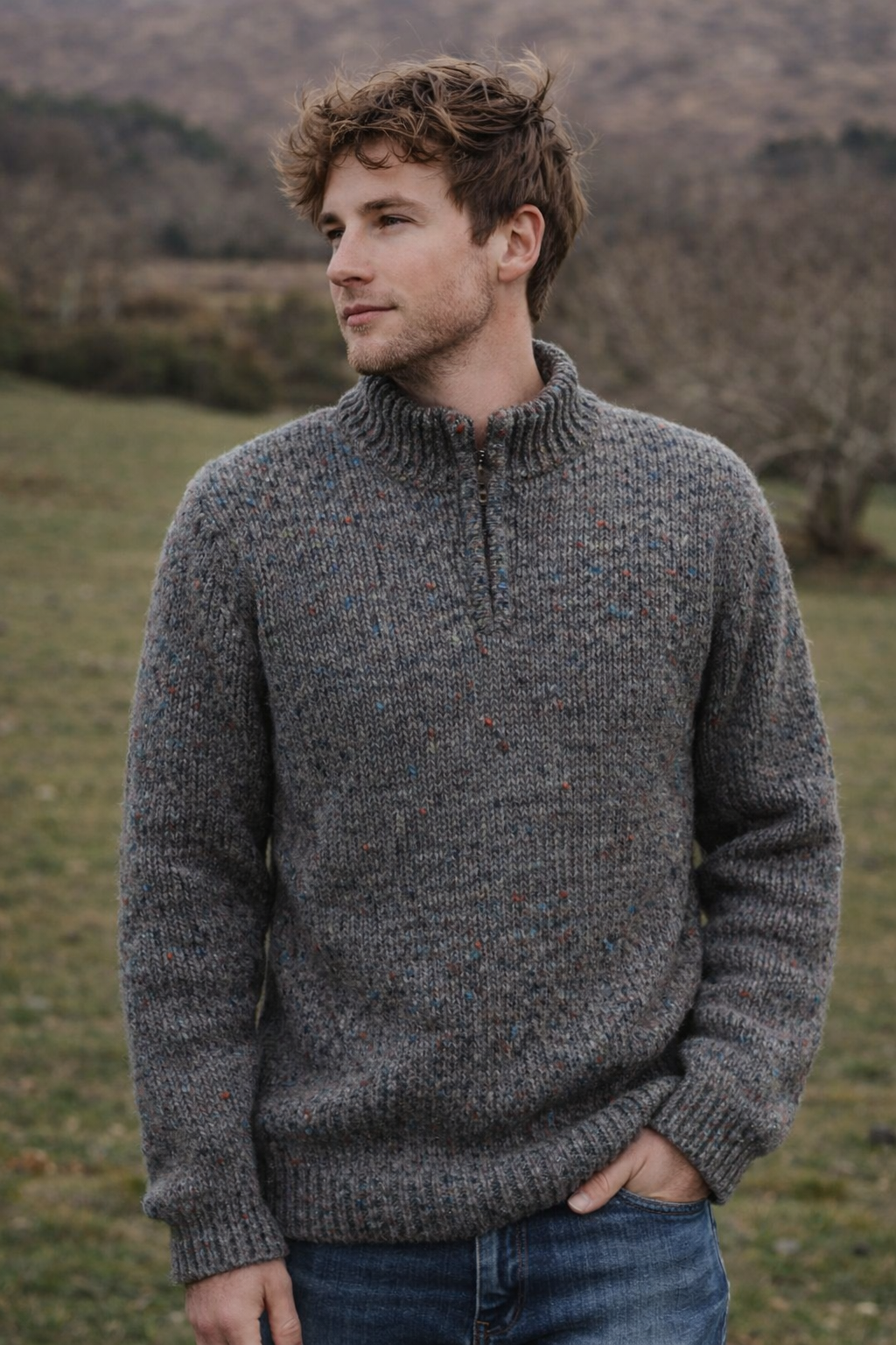 Men's Donegal Merino Wool Half-Zip Jumper | Grey - Clearance