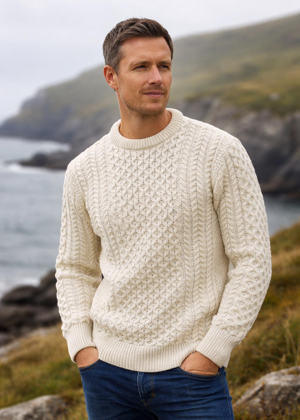 Aran Merino Wool Cable Knit Sweater - Natural