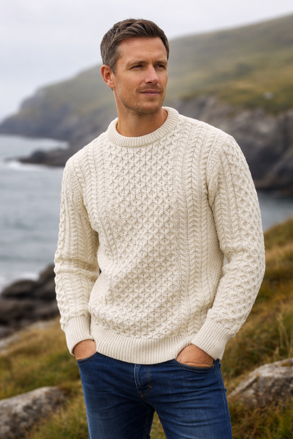 Aran Merino Wool Cable Knit Sweater - Natural | Clearance