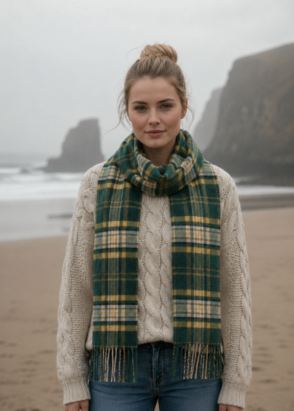 John Hanly Yellow Green Mix Check Lambswool Scarf
