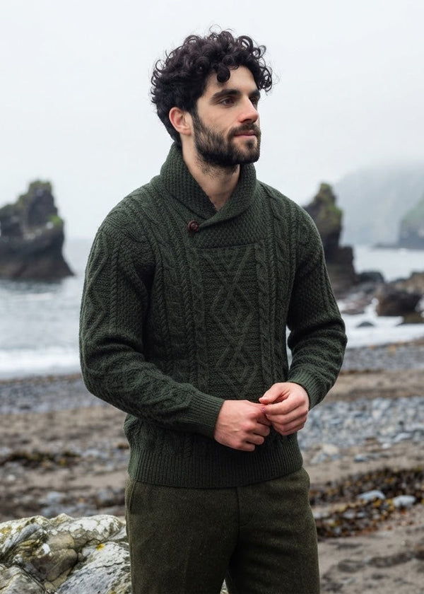 Men's Aran Shawl Neck Sweater | Army Green | 100% Merino Wool
