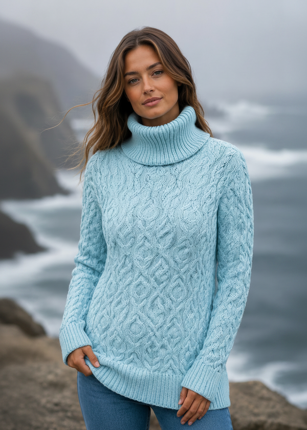 Merino Wool Polo Neck Aran Sweater | Aqua