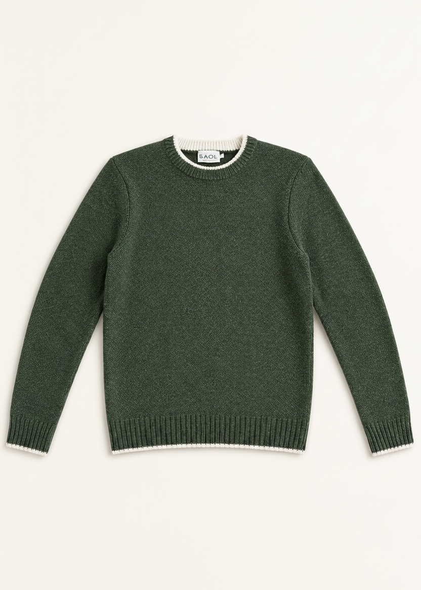 Saol Men's Fisherman Rib Crew Neck Sweater – Green