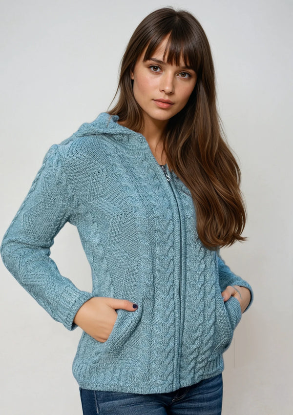 Aran Hooded Cardigan | Aqua