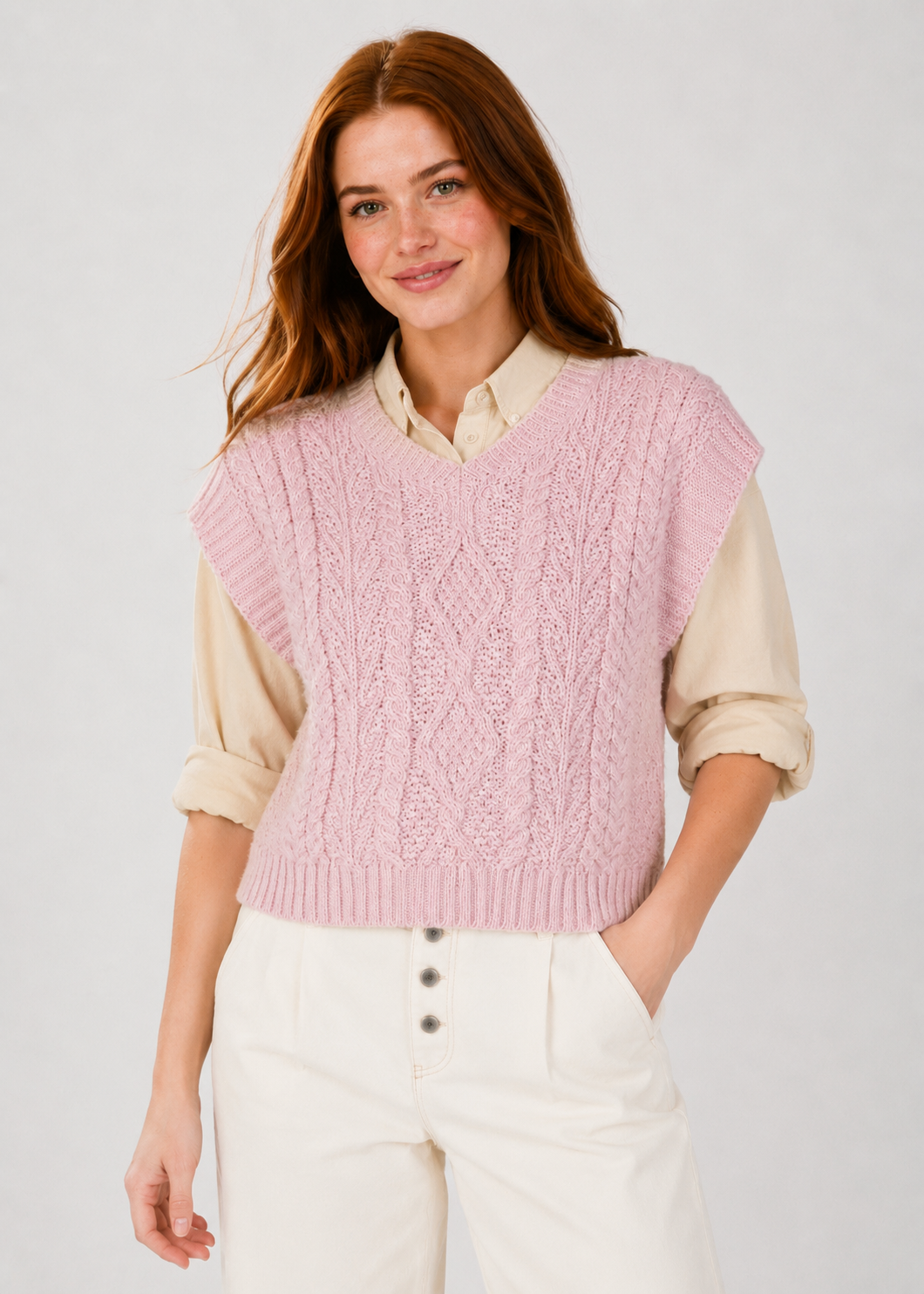 IrelandsEye Women's V Neck Aran Vest | Pink