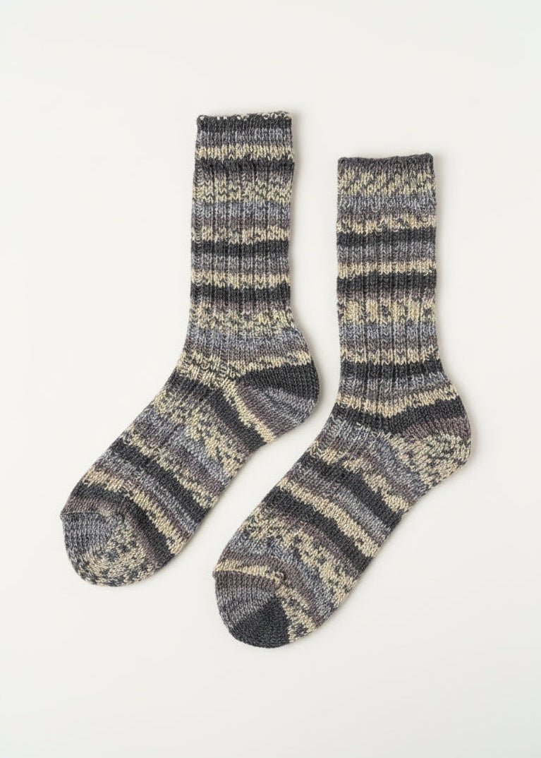 Soft Merino Wool Fair Isle Socks  | Grey Charcoal Ecru