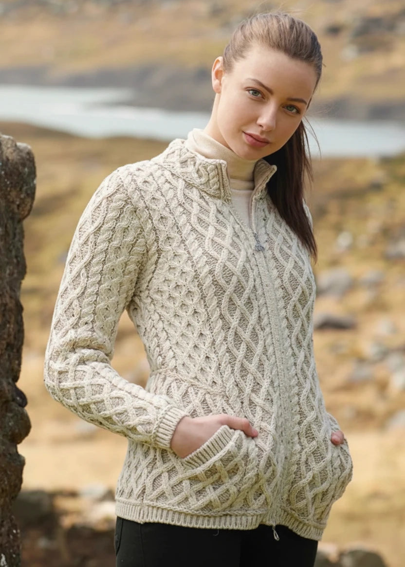 Aran Crafts Yeats Zip Cardigan – Oatmeal Merino Wool