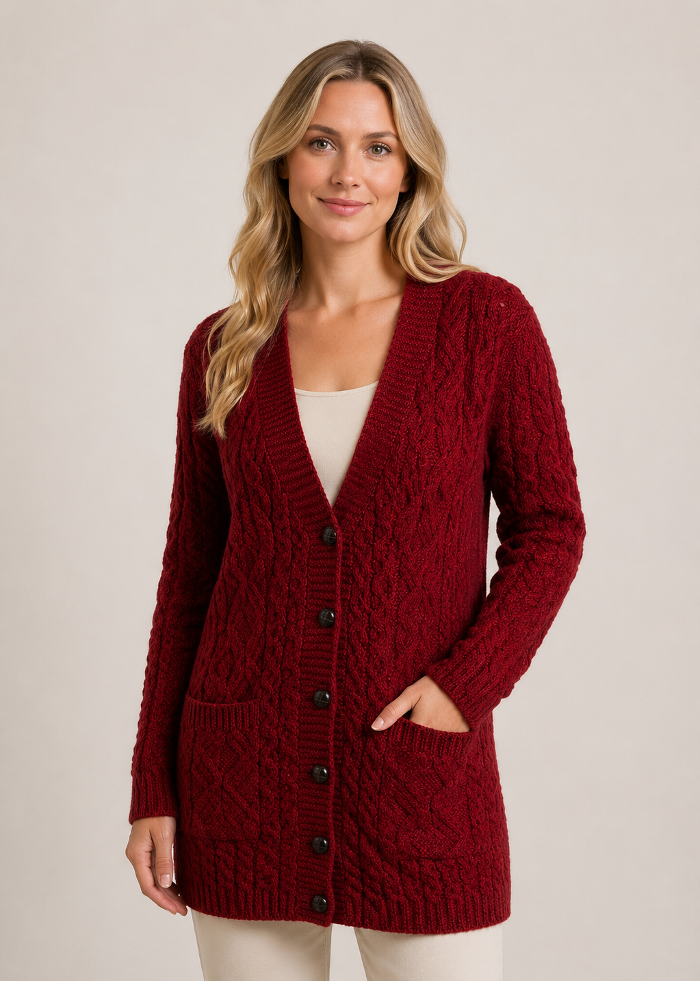 Aran Long Line Merino Cardigan | Red 