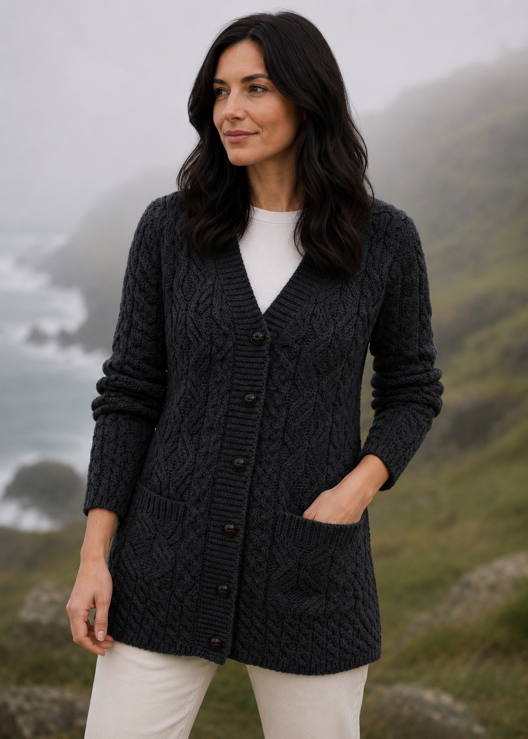 Aran Long Line Merino Cardigan | Charcoal