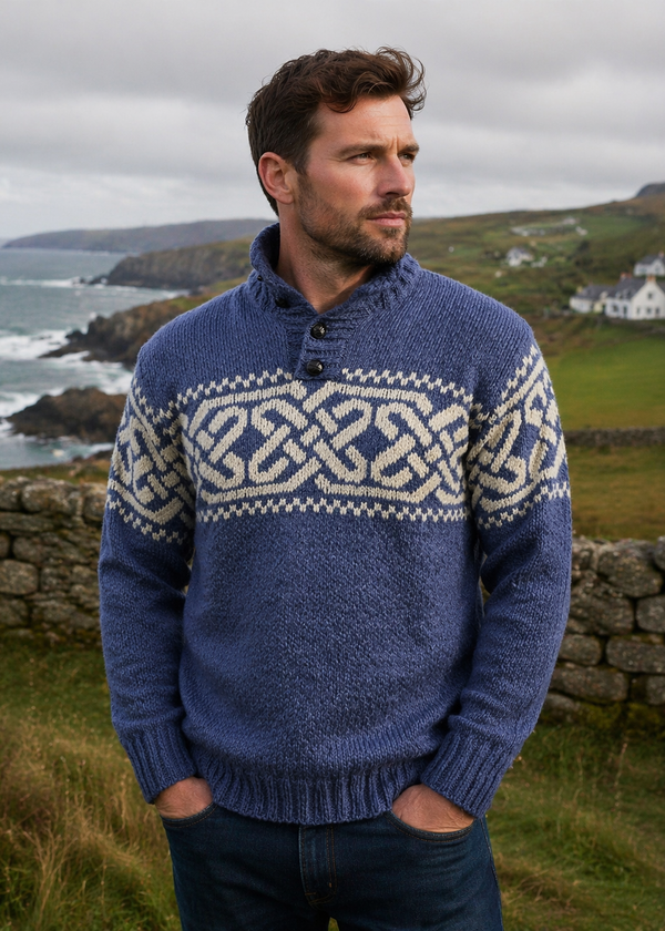 Men's Celtic Pattern Troyer Sweater | 100% Wool | Denim