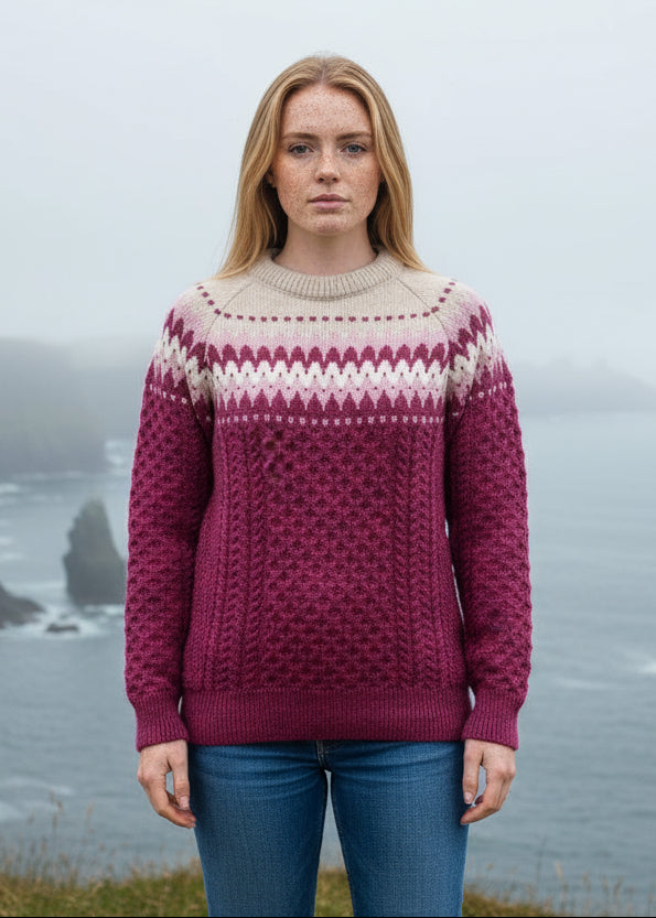 Ladies Slim-Fit Aran Fairisle Sweater | Raspberry Marl