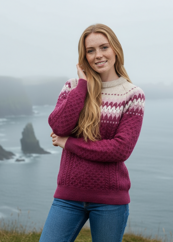 Ladies Slim-Fit Aran Fairisle Sweater | Raspberry Marl