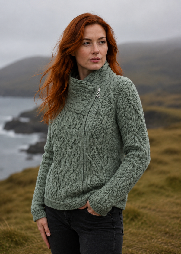 Aran Crafts Ladies Side Zip Cardigan | Thundra Green