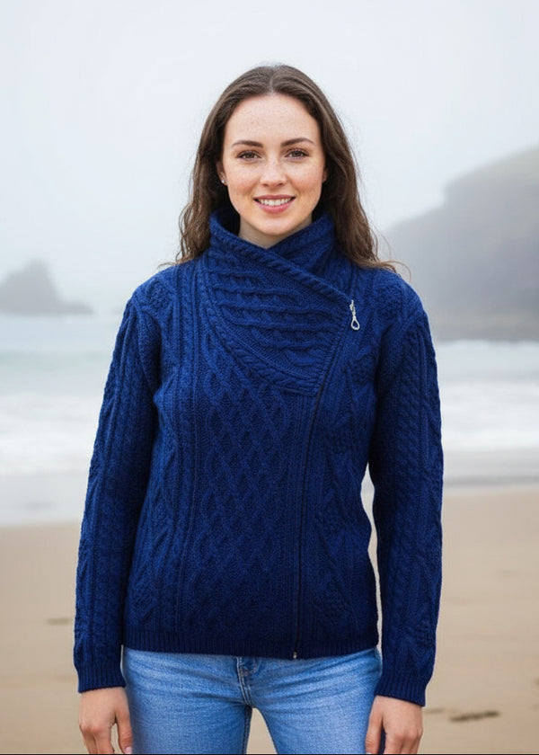 Claddagh Side Zip Aran Cardigan | Blue