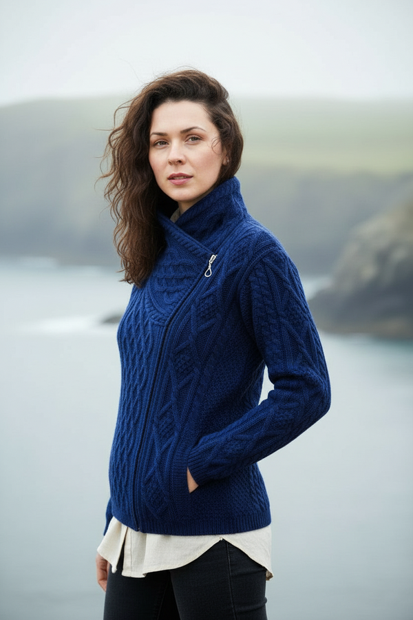 Claddagh Side Zip Aran Cardigan | Blue