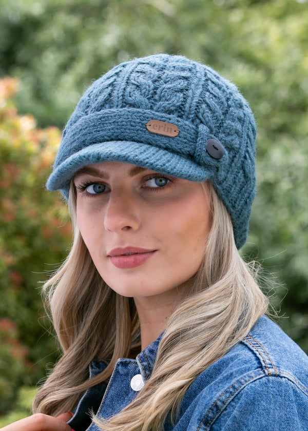 Erin Aran Cable Peak Hat | Denim