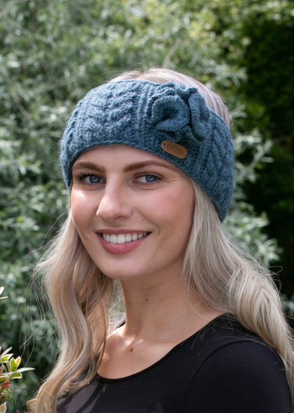 Aran Cable Knitted Wool Flower Headband | Denim