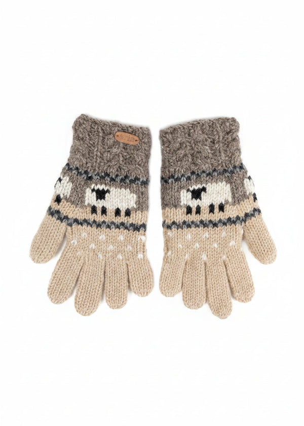 Aran Cable Sheep Finger Gloves | Grey & Beige