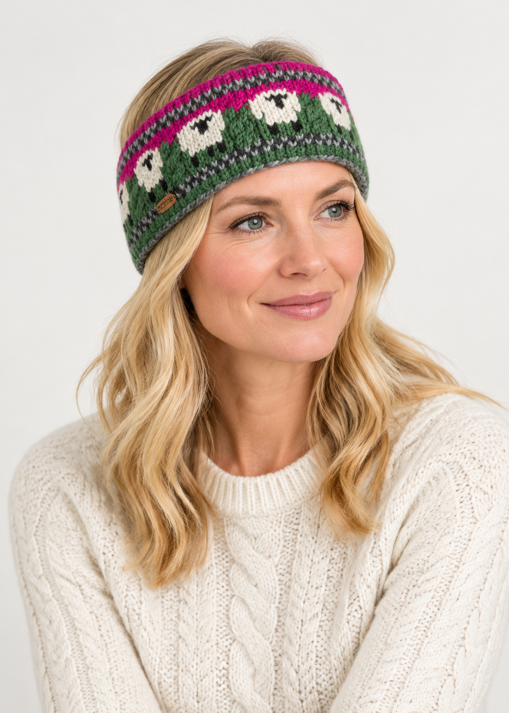 Erin Aran Sheep Headband | Pink & Dark Green