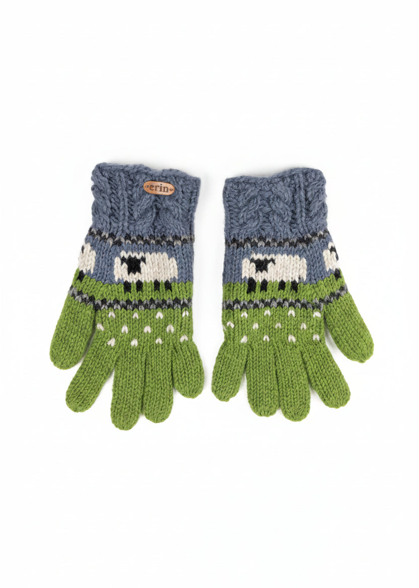 Aran Cable Sheep Finger Gloves | Blue & Green