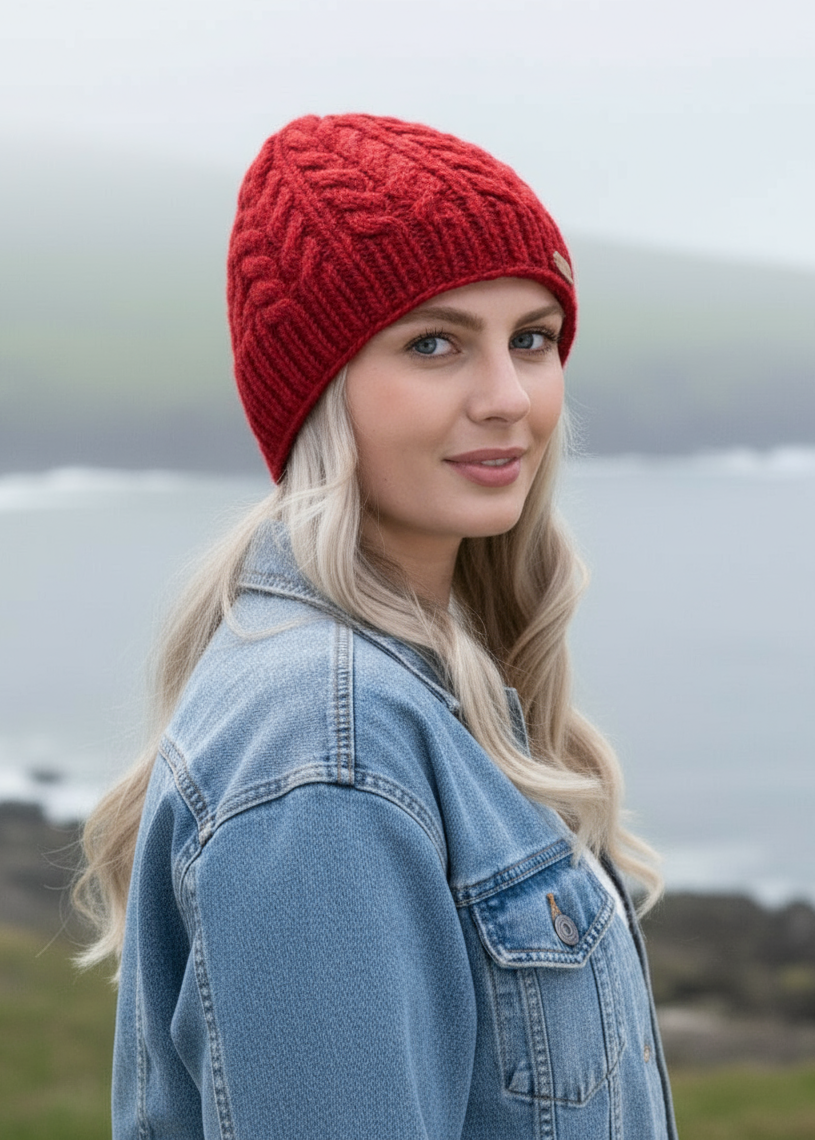 Erin Aran Cable Pullon Hat | Red