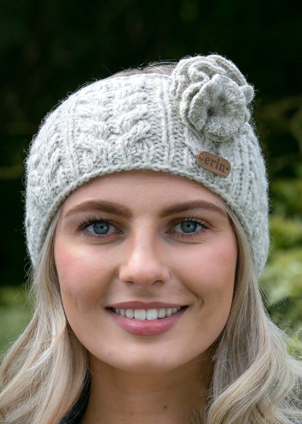 Erin Aran Cable Knitted Wool Flower Headband - Oatmeal