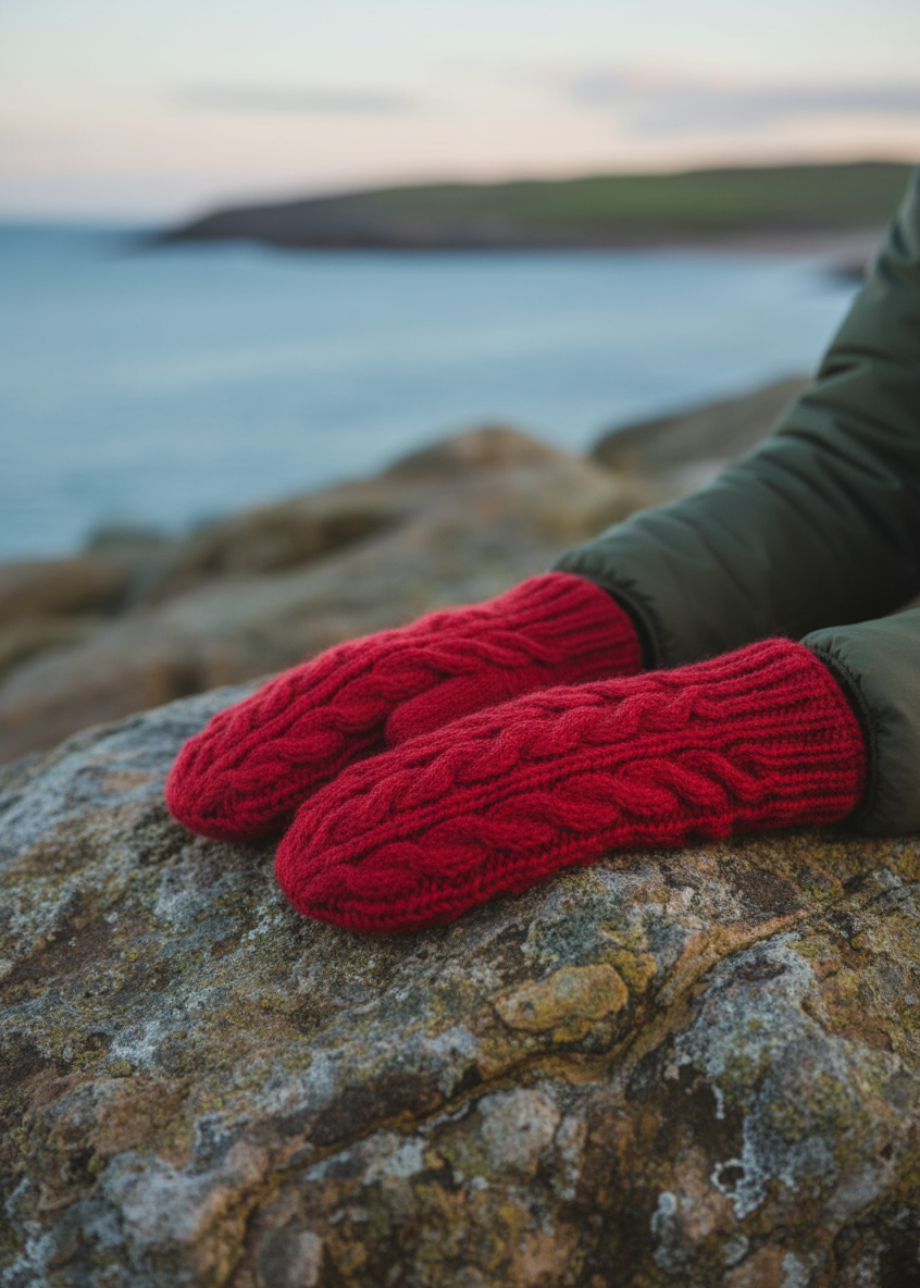 Erin Aran Cable Mittens | red