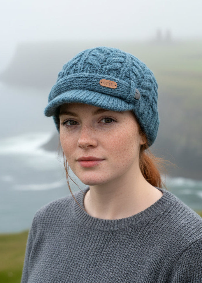 Erin Aran Cable Peak Hat | Denim