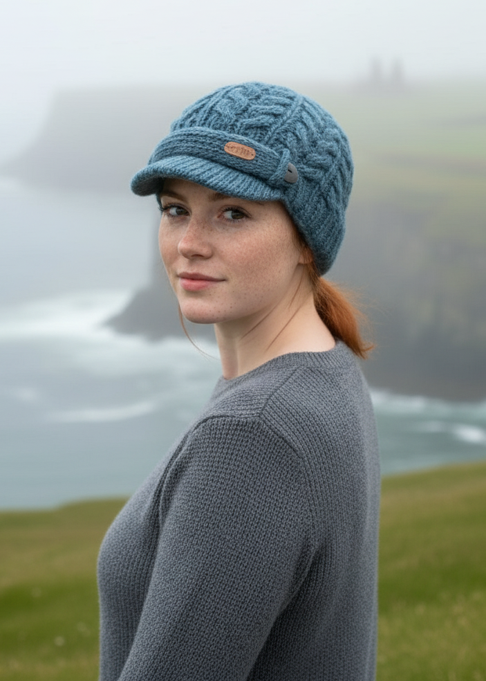 Erin Aran Cable Peak Hat | Denim