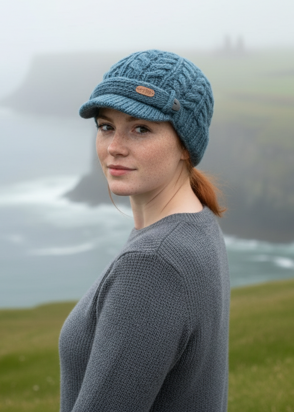 Erin Aran Cable Peak Hat | Denim