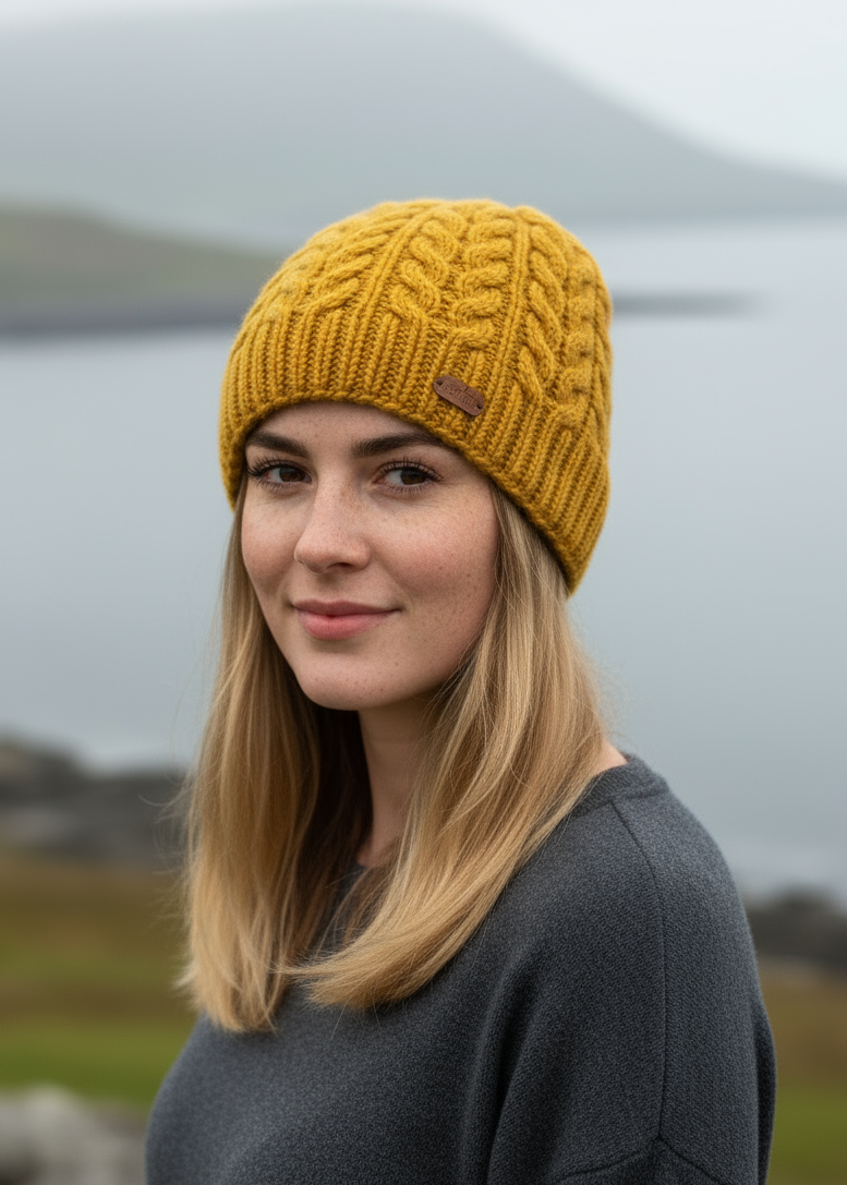Erin Aran Cable Pullon Hat | Sunflower