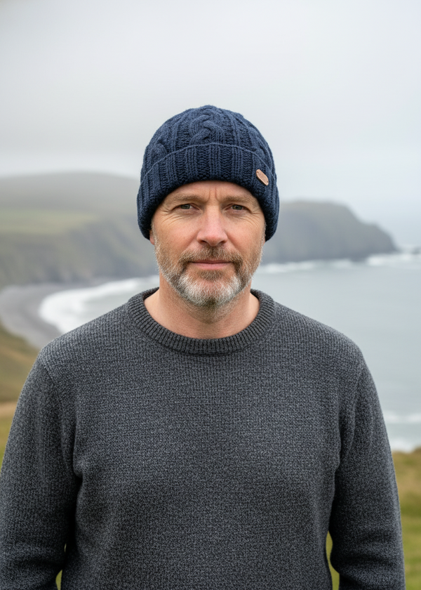 Erin Aran Cable Turnup Hat | Navy Blue Wool