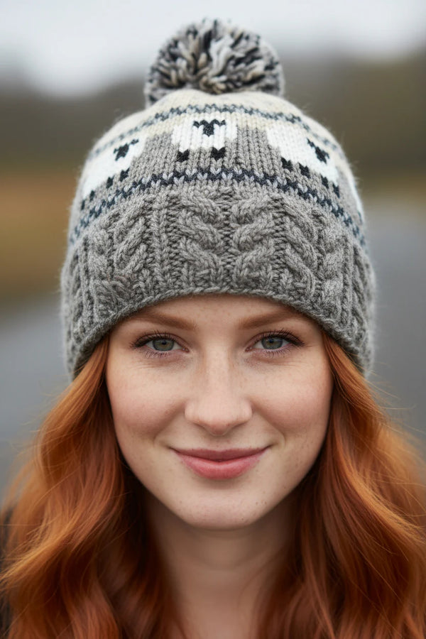 Erin Aran Sheep Bobble Hat | Grey & Beige