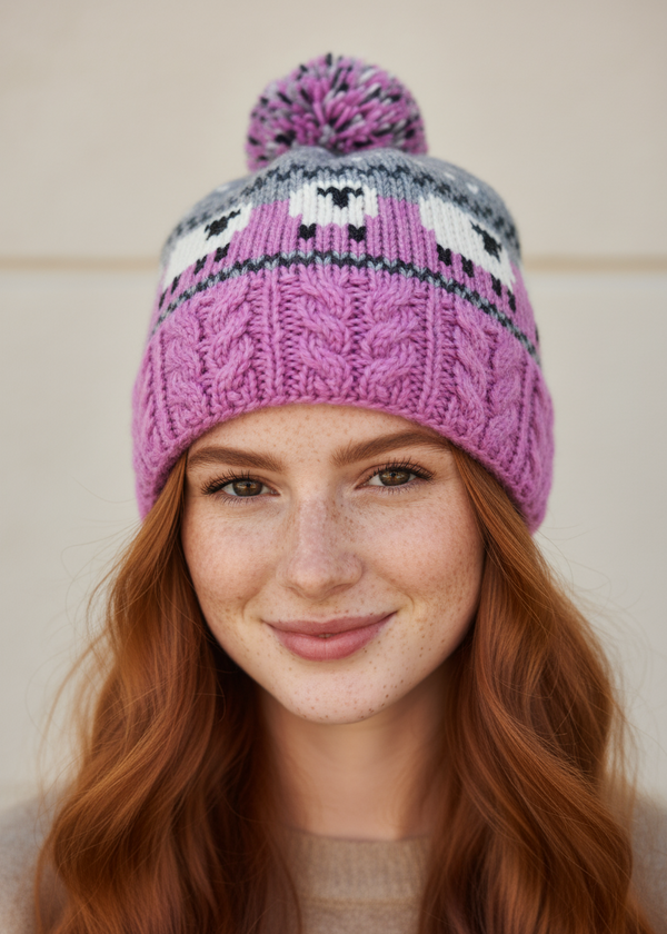 Aran Sheep Bobble Hat | Pink & Grey
