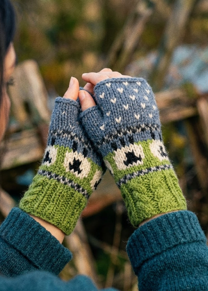 Erin Aran Sheep Handwarmers | Blue & Green