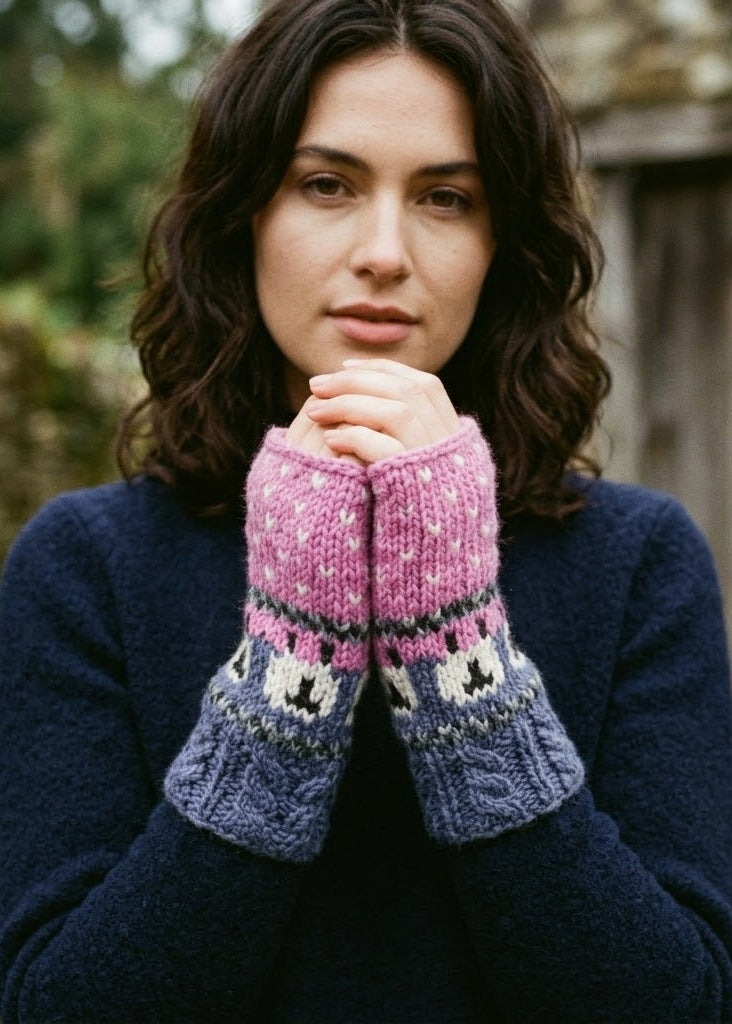 Erin Aran Sheep Handwarmers | Blue & Pink