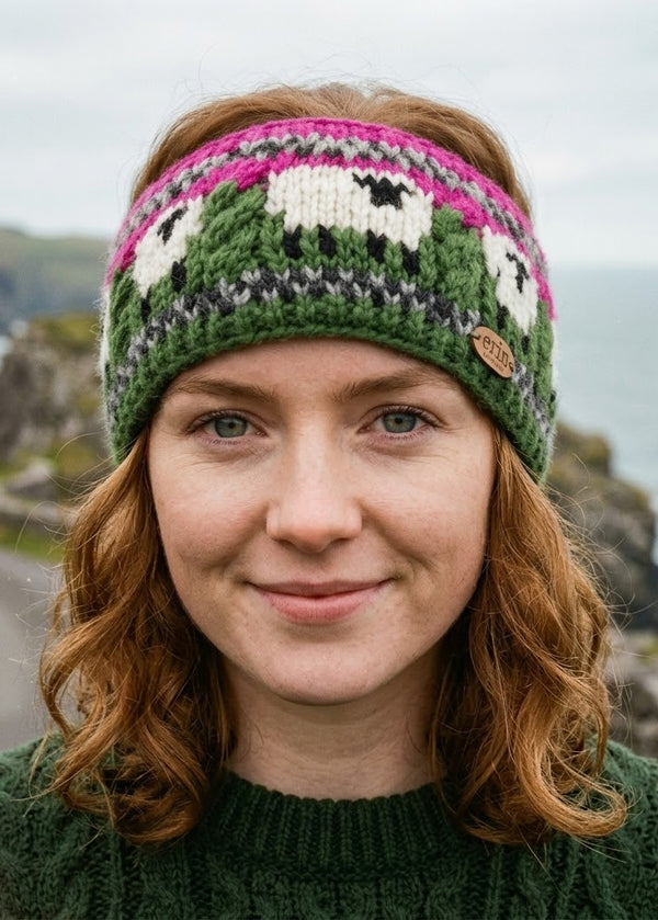 Erin Aran Sheep Headband | Pink & Dark Green