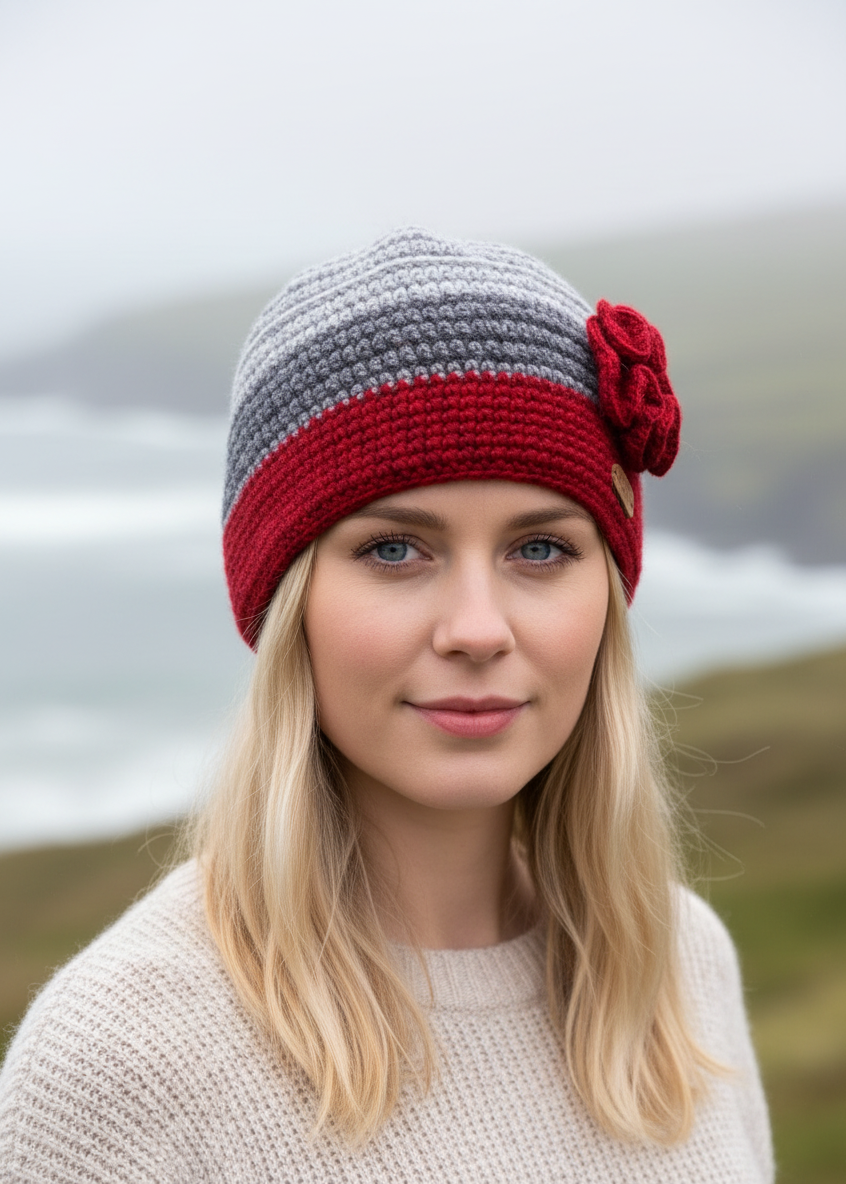 Erin Crochet Flower Cap | Red Grey | Pure Wool
