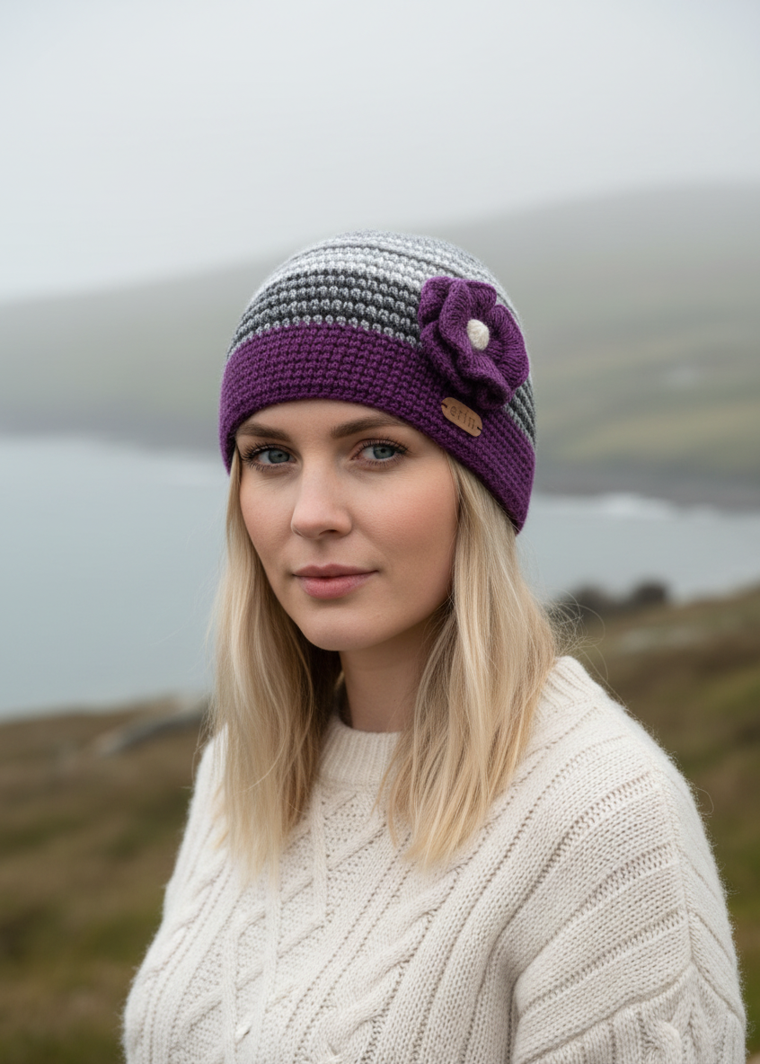 Close-up lifestyle image - Erin Handcrafted Crochet Flower Cap | Purple Grey Wool