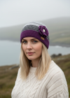 Close-up lifestyle image - Erin Handcrafted Crochet Flower Cap | Purple Grey Wool