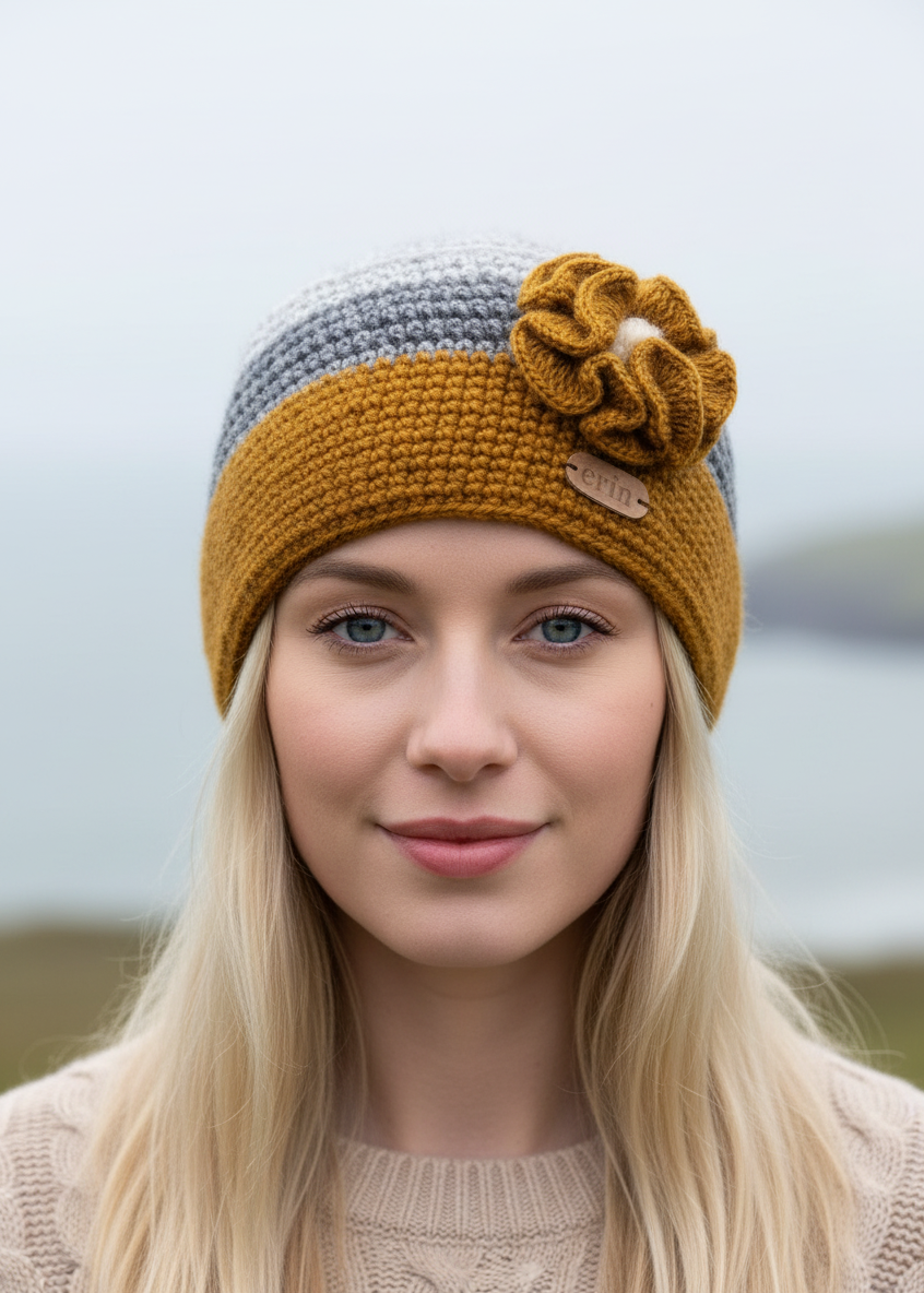 Erin Handcrafted Crochet Flower Cap | Yellow Grey Wool