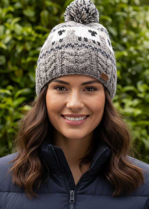 Erin Aran Sheep Bobble Hat | Grey & Beige