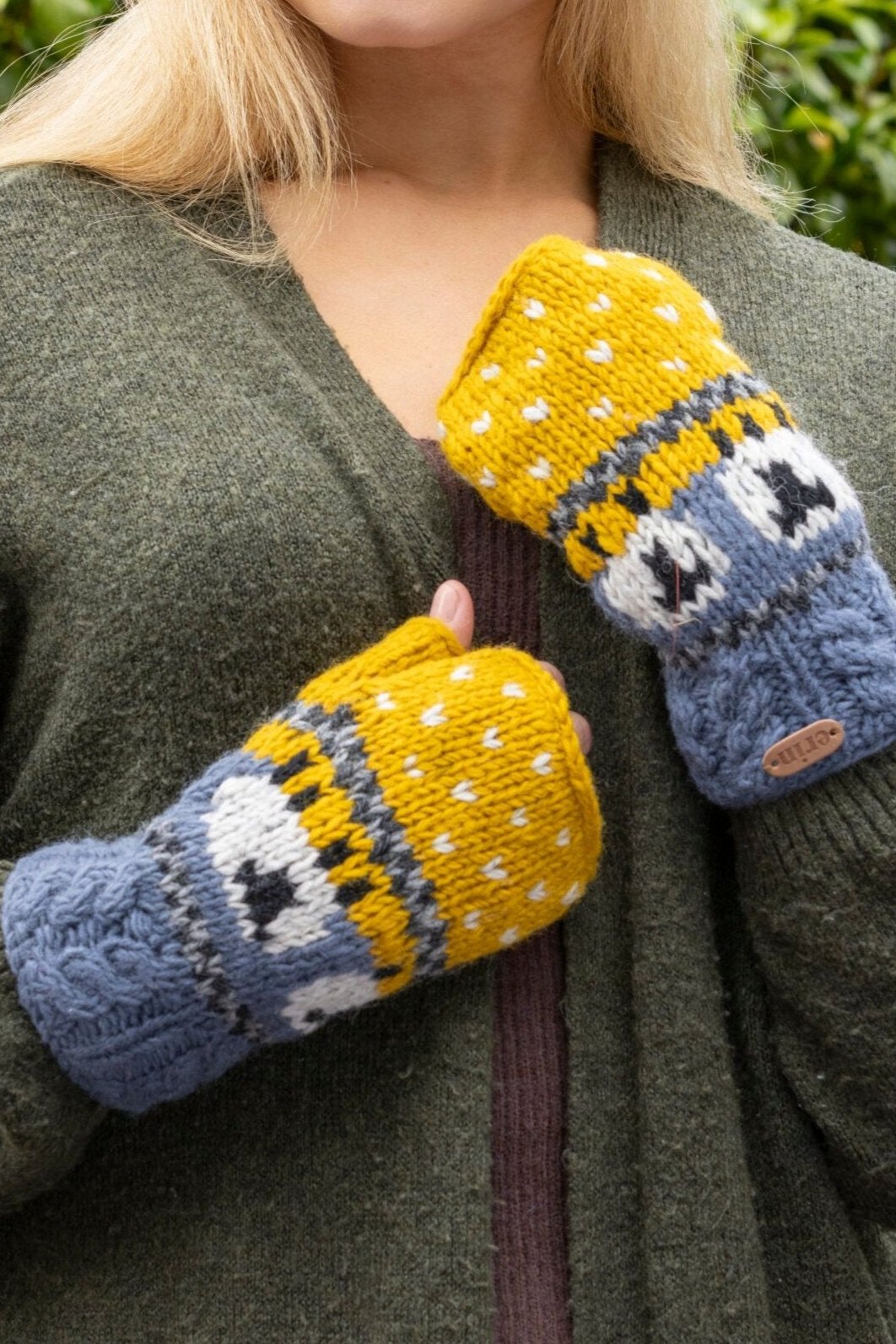 Aran Sheep Handwarmers | Blue & Yellow