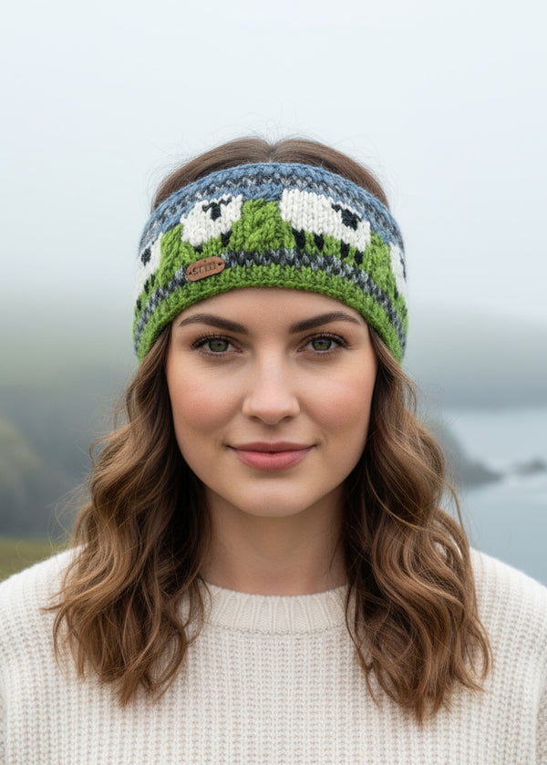 Knitted headband with sheep pattern on a white background