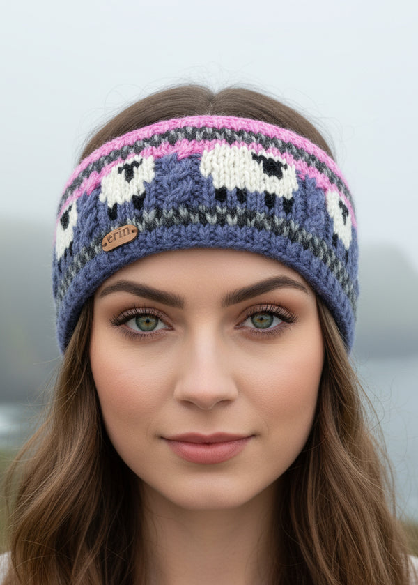 Woman wearing a colorful sheep knitted headband.