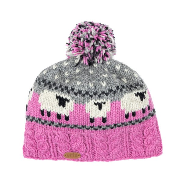 Knitted hat with pink and gray pattern and purple pom-pom on a white background