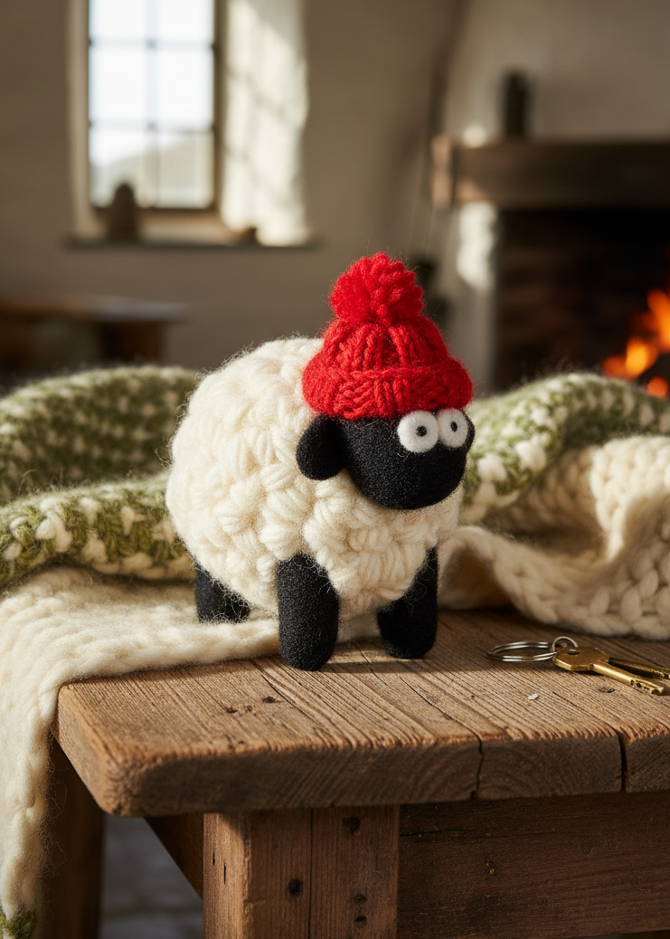 Erin Knitwear Knitted Sheep | Red Bobble Hat - Medium